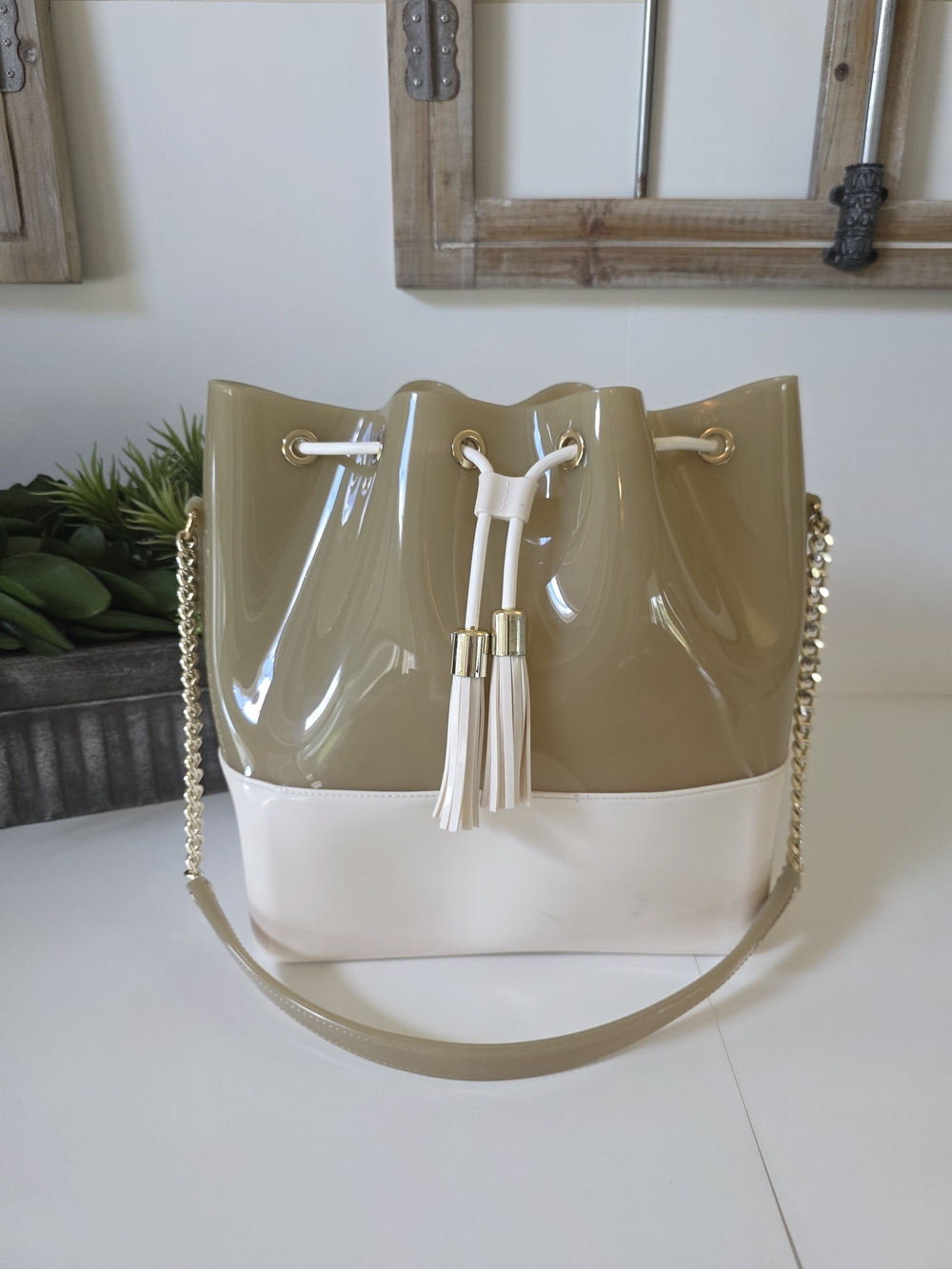 Kartell Grace K Glossy Two Tone Bucket Bag Bone Dove Gray Taupe Milano